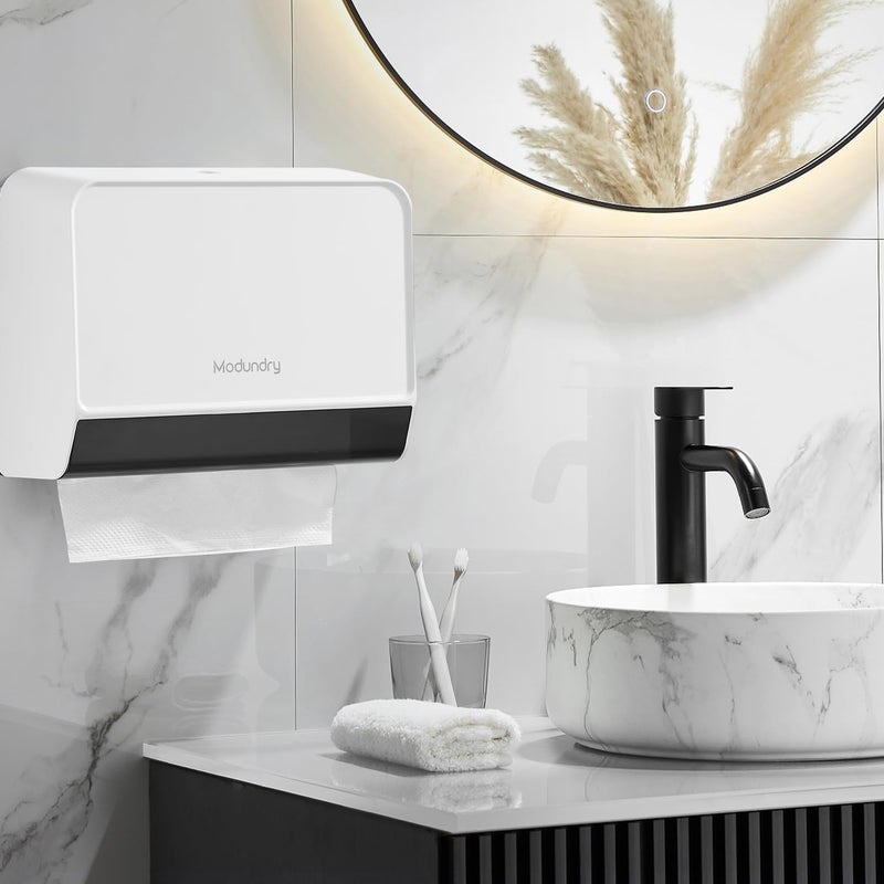 Modundry Paper Towel Dispensers Wall Mount,Multifold Tri-Fold Paper Towel Holder with Key Lock, No Drilling/Screws Install, Home Hand Towel Dispenser for Bathroom, Restroom, Office, White - Image 2
